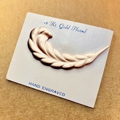 Feather Brooch NOS 18Kt Gold Plated Hand Engraved Mid Century Pin