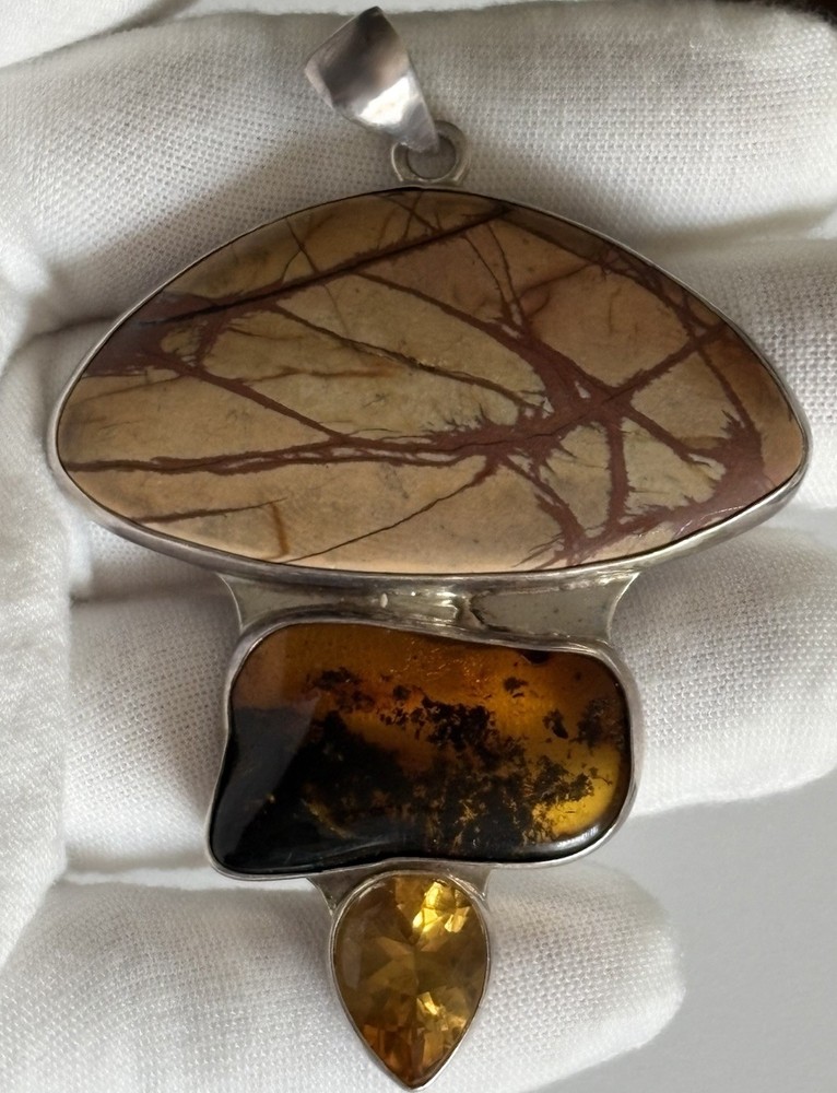 VTG Charles Albert 925 Sterling Silver Jasper, Amber and Citrine Pendant MASSIVE