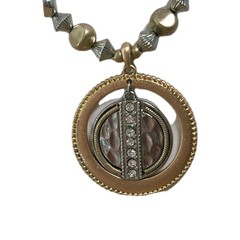 Antique gold tone necklace / Tricolor Disk pendant with clear crystals