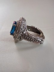 Vintage Art Deco London Blue Topaz CZ Halo Cocktail Ring Size 7 Sterling Silver