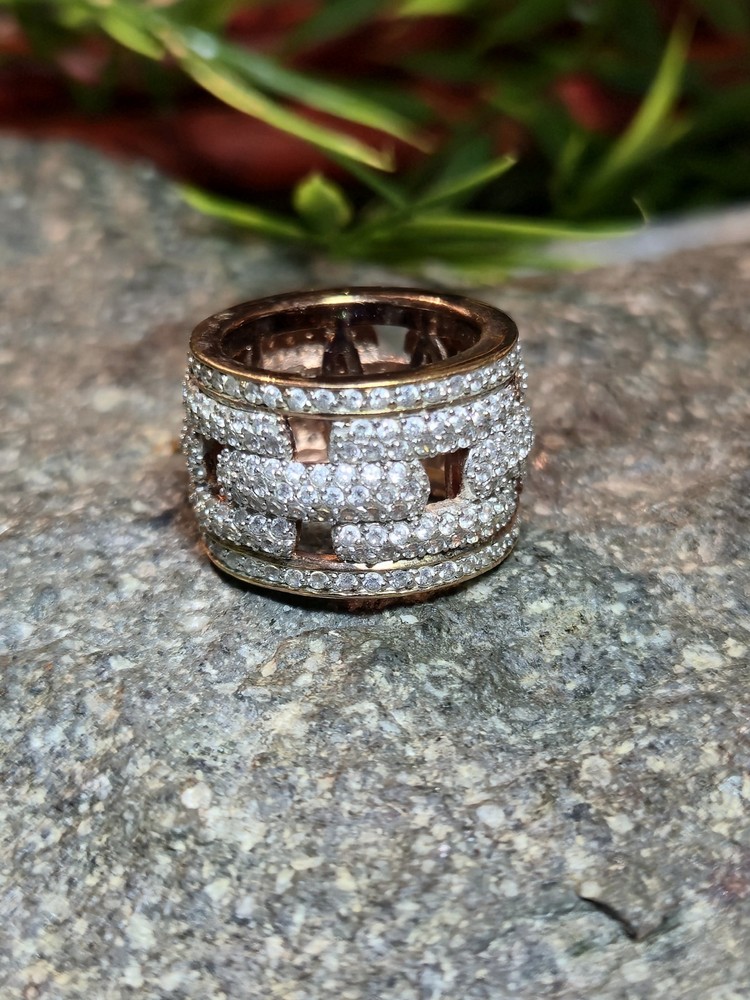Vintage Silver &Rose Vermeil Wide Pave Band Ring SIZE 5