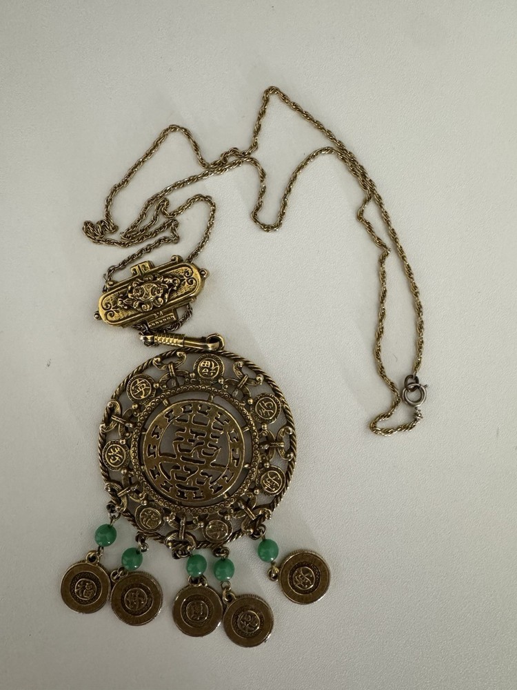 Vintage Goldette Gold Tone Asian Statment Faux Jade Dangles Necklace