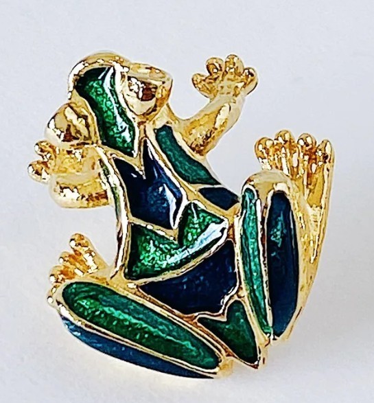 Vintage 1980’s Trifart Emeral Frog Toad Green Blue Enamel Gold Plate Earrings