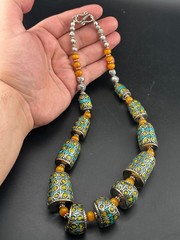 Beautiful Turquoise, Amber Howlite Tibetan Nepal Tube Vintage Handmade Necklace