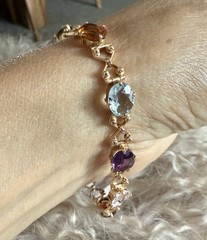 Vintage C.1950s 14Kt Rose Gold Natural Oval Multi-Gemstones Link Bracelet 7.5”in