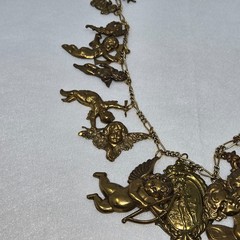 VINTAGE BRASS CHAIN NECKLACE W/21 LOVE CHARMS CUPIDS ANGELS FAIRIES