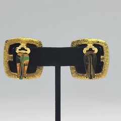 Vintage Les Bernard Square Gold Tone Black Acrylic Cabochon Chunky Clip Earrings