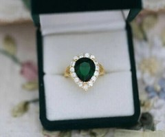 Pear Cut Emerald & Lab Created Diamond Halo Wedding 14Ct Yellow Gold Finish Ring