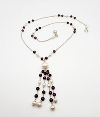 Vintage Sterling Silver 10mm Pearl Rhodolite Garnet Beaded Tassel Necklace 19″
