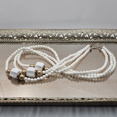 Dauplaise VTG White Beaded Necklace 30″ Gold Tone Long Statement Modernist