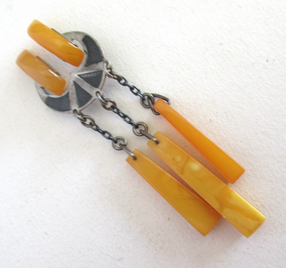RUSSIA STERLING 875 BROOCH w EGG YOLK AMBER 2 7/8 INCHES