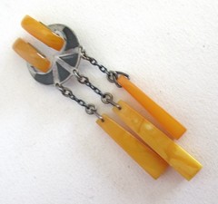 RUSSIA STERLING 875 BROOCH w EGG YOLK AMBER 2 7/8 INCHES