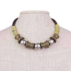 Vintage MCM Brown Leather & Metal Beaded Statement Necklace Unique Design