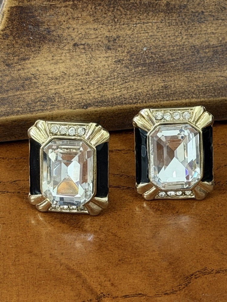 Birch Hill Gold Tone Black Enamel and Crystal Art Deco Clip On Earrings