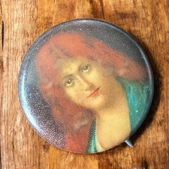 Antique Lithograph Portrait Pin Redhead Woman 1900s Metal Novelty Brooch