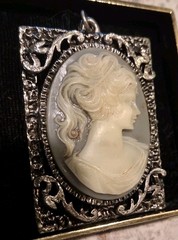 Vintage Cameo Pendant Silver Tone Rectangle Filigree Gray Cream Lady Portrait