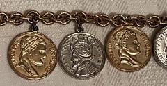 Vintage 1950s Coin Charm Bracelet Napoleon Coins Vasco Nunez de Balboa Coins 8″