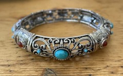 Barzel Silver Plated Stretch Cuff Bracelet Bangle Turquoise & Amber Stones Boho