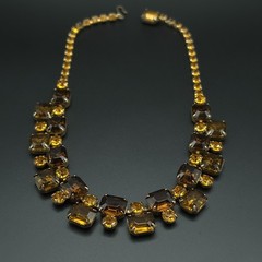 Vintage 1950s Amber Brown Rhinestone Bib Necklace Gold Tone 16 Inch