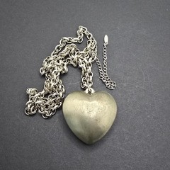Vintage Puffy Heart Pendant Necklace Silver Tone Signed VCLM Long Chain 32in