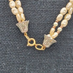 Vintage Faux Pearl Necklace Double Strand 32in Cream Beaded Floral Clasp