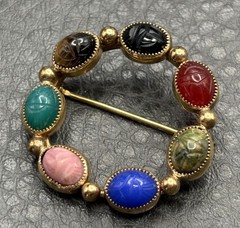 Egyptian Revival Vintage Gold Tone Semi Precious Stone Scarab Circle Brooch Pin