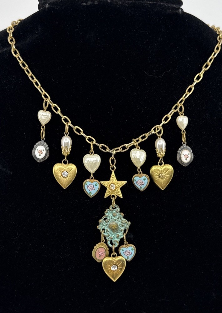Vtg Charm Heart Floral Necklace Romantic Revival Shabby Chic Goldtone New Clasp