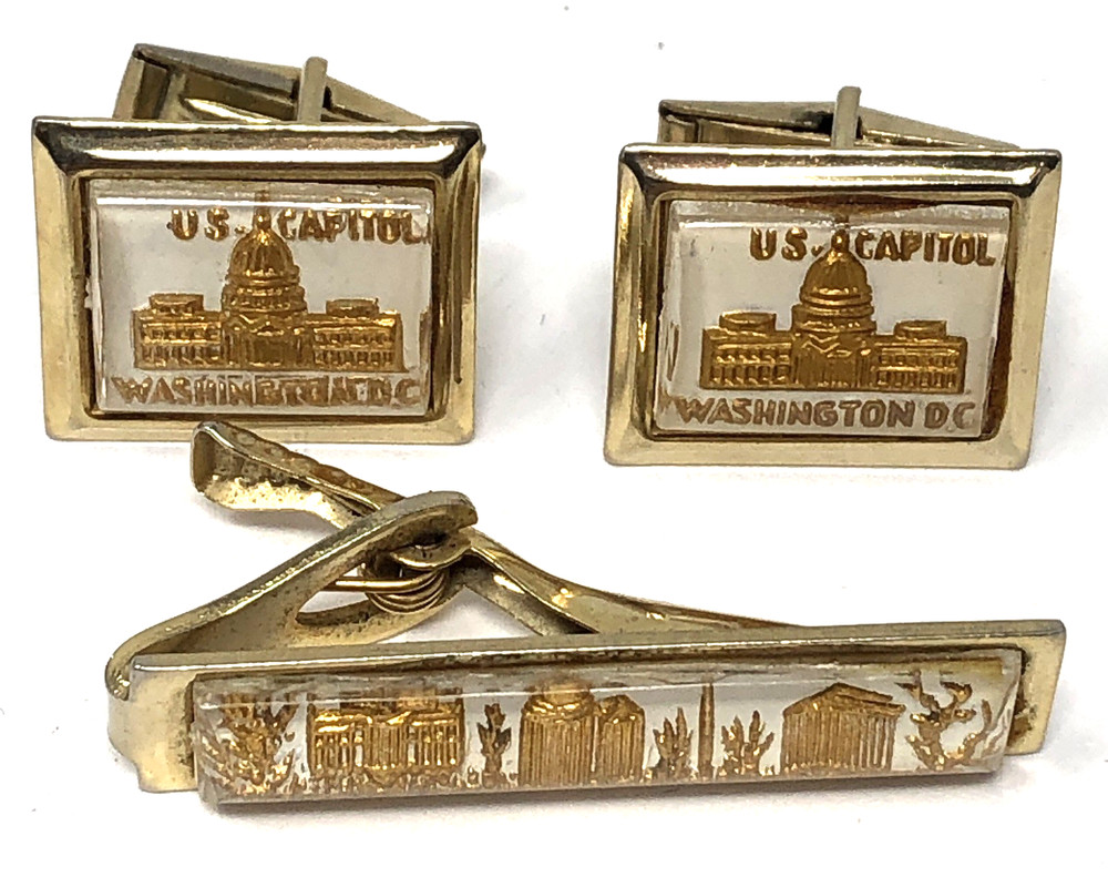 U.S. Capitol Cufflinks & Tie Bar Set Washington D.C. Gold Relief – Vintage