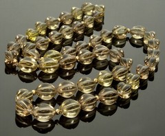 ART DECO 14K SMOKY QUARTZ FANCY SHAPE BEAD NECKLACE 34″ C.1920