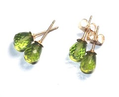 Natural 7MM Faceted Peridot Briolette Gemstone Diamond Cut Stud Earrings 14K GF
