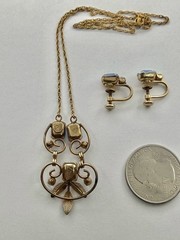 Vintage MCM Van Dell Gold Filled Blue Rectangle Crystal Necklace & Earrings Set