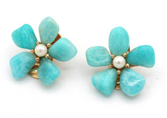 Vintage Swoboda Turquoise & Pearl GoldTone Flower Clip On Earrings