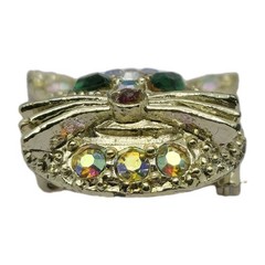 Vtg Rhinestone Cat Brooch Pin 60s Aurora Borealis Gold Tone Kitty Green Eyes