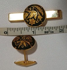 Vintage Damascene Spain Bullet Back Cufflinks And Tie Bar