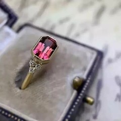 Art Deco Style Pink Tourmaline Lab-Created Diamond Ring 14K Yellow Gold FN