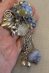 80s Vintage Signed Joe Gladish Brooch Glass Flower Beaded Rhinestone Chains 4.5″