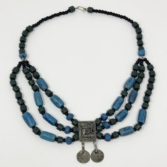 Vintage Antique Silver Tone Bedouin Glass Trade Beads Necklace Artisan Coins 21”