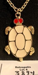 Enamel Turtle Necklace Gold Tone White & Red Vintage
