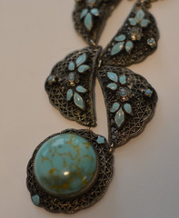 Antique Czech (?) blue enamel faux turquoise filigree necklace, 15 in, as found