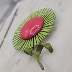 Vintage Mod Flower Brooch Pink Green Enamel Stem Pin MCM Retro Atomic Space Age