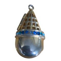 Vintage Ruscent Gold Tone Blue Rhinestone Cage Perfume Locket Pendant Statement