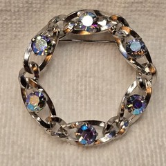 Vintage Brooch Pin Aurora Borealis AB Rhinestone Silver Tone Wreath 1.75″ #C86