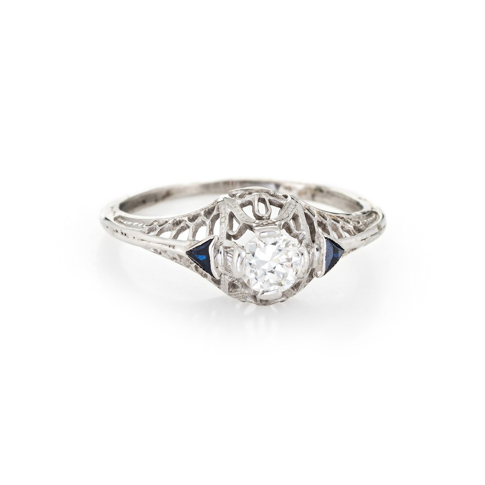 Vintage Art Deco Diamond Sapphire Ring 6.25 14k Gold Engagement Filigree Jewelry
