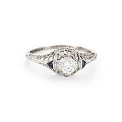 Vintage Art Deco Diamond Sapphire Ring 6.25 14k Gold Engagement Filigree Jewelry