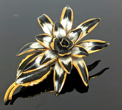 Vintage Gold Tone Black Silver Enamel Brooch Pin Floral Made In Austria 2.3/8in