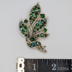 Vintage Lisner Leaves Brooch Blue Green AB Rhinestone Gold Tone