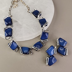 Vintage Thermoset Necklace Clip On Earrings Set Blue Silver Tone 15″