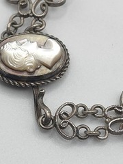 VTG 800 Silver Filigree Cameo Bracelet 7″ Mother of Pearl/Shell Carved