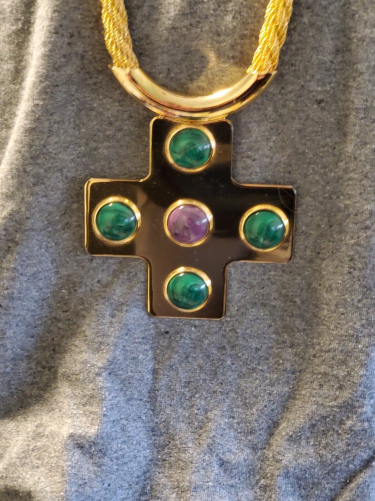 Vintage Lanvin Paris Gold Tone Cross Necklace 29 Inches Long with 4 Inch Pendant