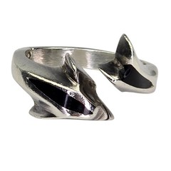 Vintage Mexico Sterling Silver Artisan Dolphin Ring Black Onyx Inlay Sz 5.5